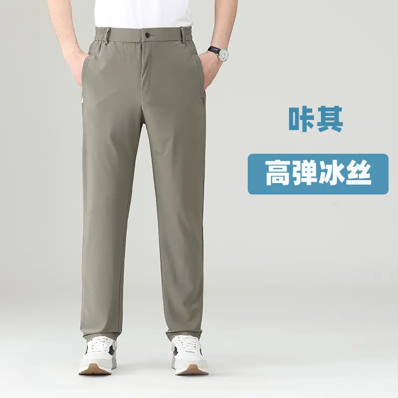 Men Summer Elastic Waist Pants Grey Straight Leg - Image 5