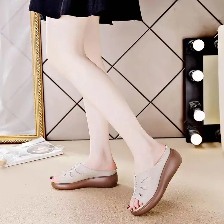 Women's 2024 Summer Leather Wedge Sandals White - Image 6