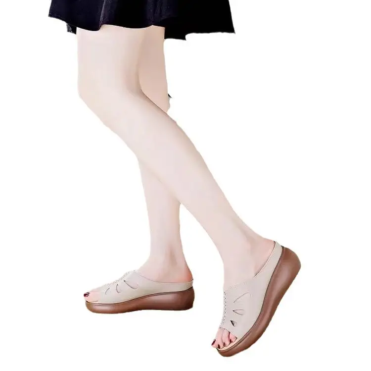 Women's 2024 Summer Leather Wedge Sandals White - Image 8