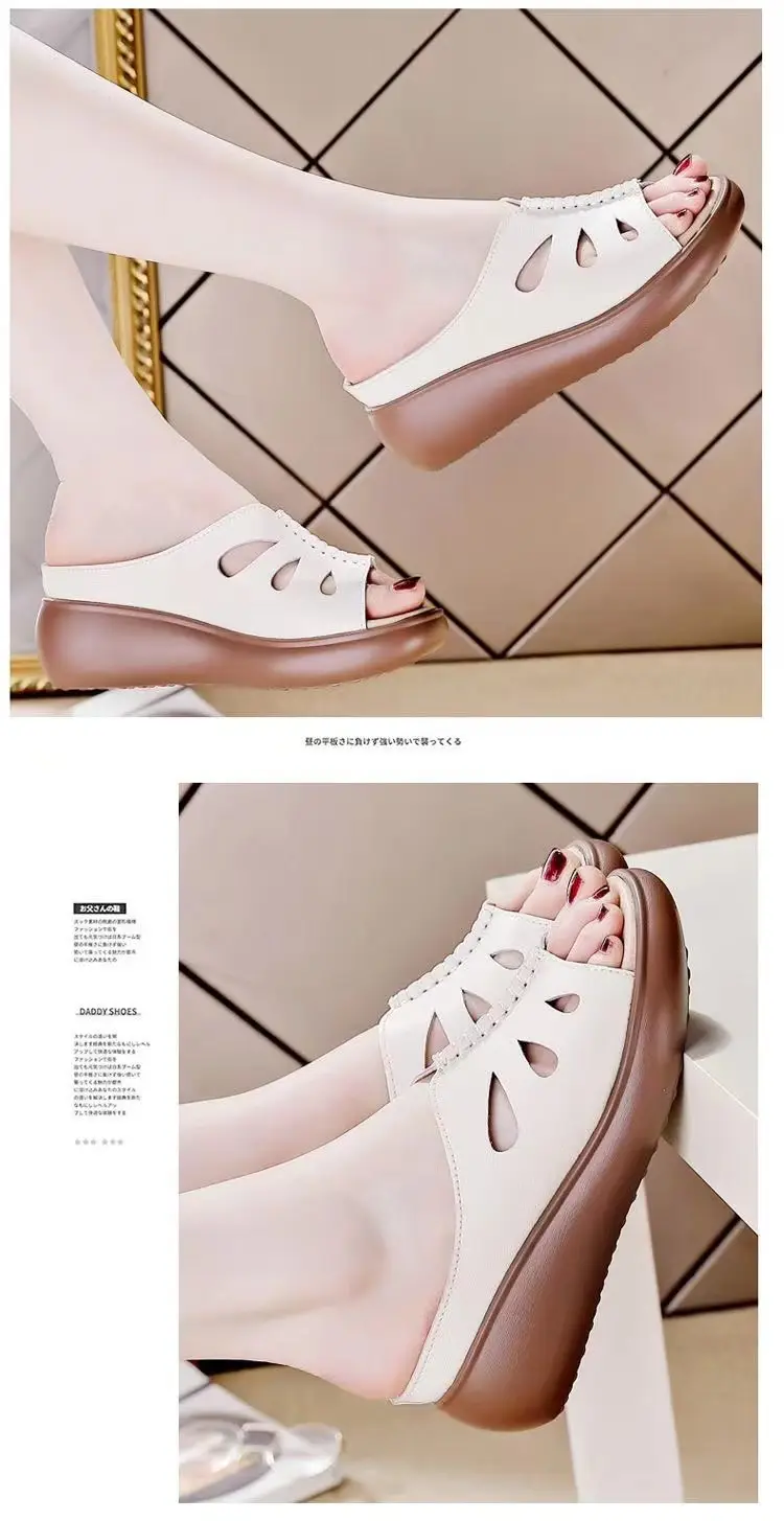 Women's 2024 Summer Leather Wedge Sandals White — feature 5