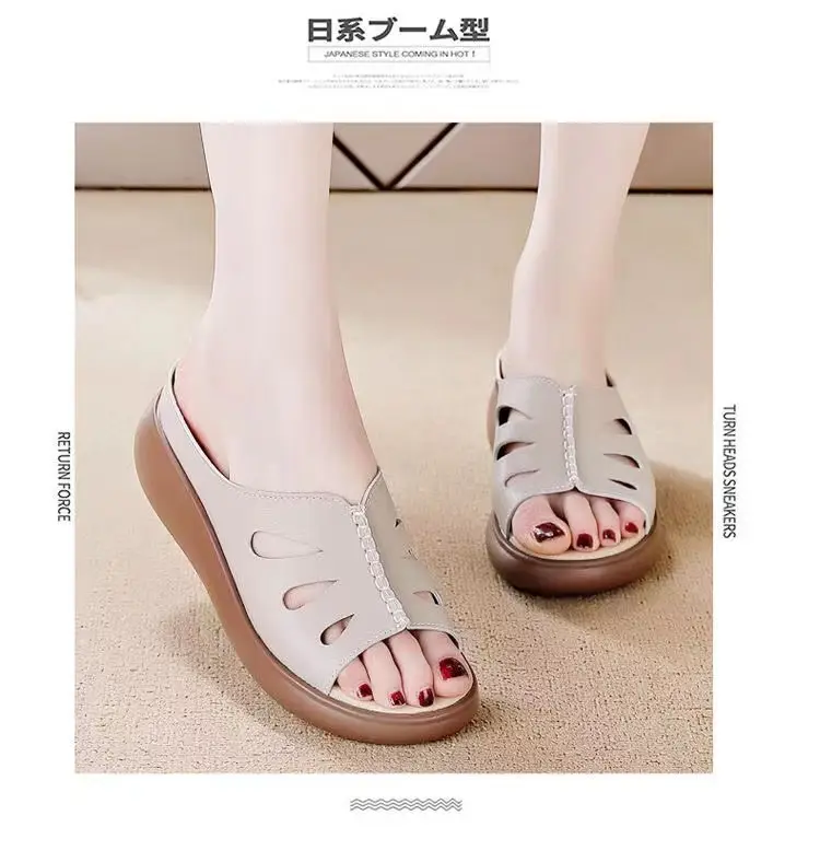 Women's 2024 Summer Leather Wedge Sandals White — feature 6