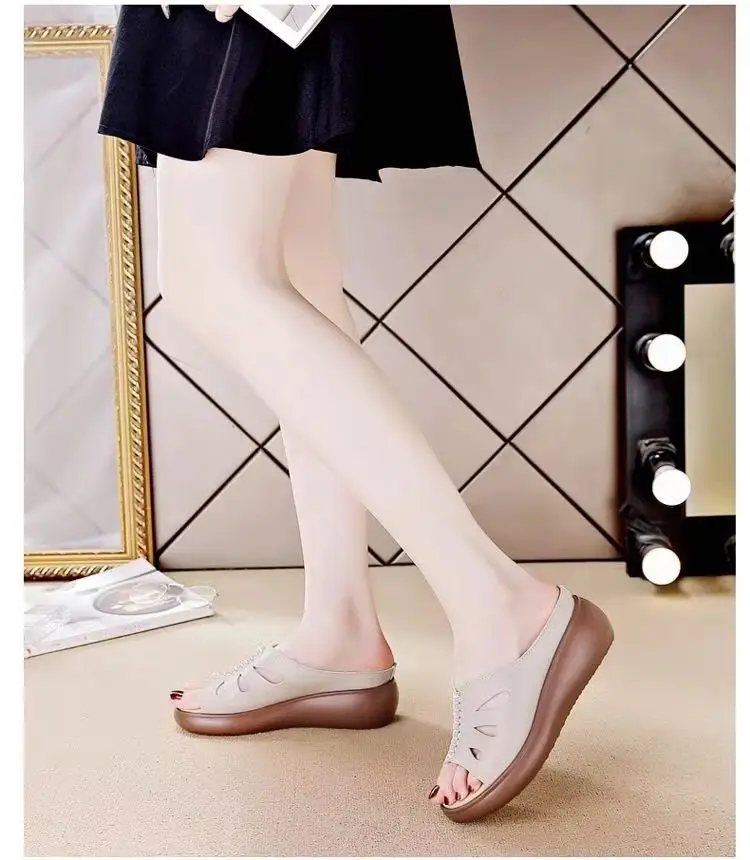 Women's 2024 Summer Leather Wedge Sandals White — feature 8