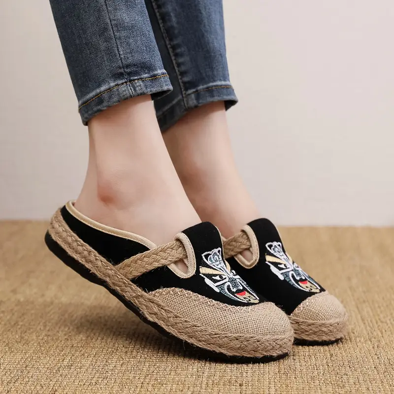 Old Beijing Cloth Shoes Ethnic Style Embroidered Slippers Baotou Linen Shoes Embroidered Mask Women's Shoes Comfortable Non-Slip Soft Sole - Image 5