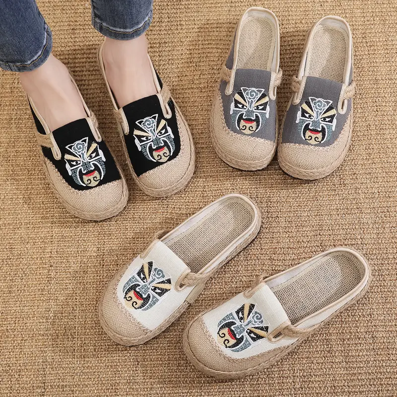 Old Beijing Cloth Shoes Ethnic Style Embroidered Slippers Baotou Linen Shoes Embroidered Mask Women's Shoes Comfortable Non-Slip Soft Sole - Image 6