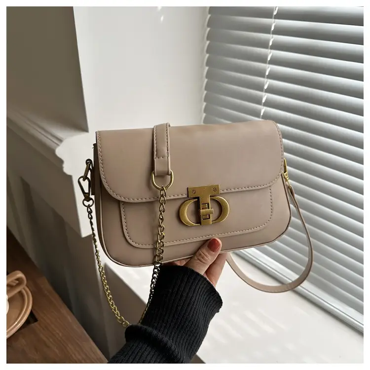 Retro Style Women's Shoulder Bag Beige Gold Clasp - Image 3