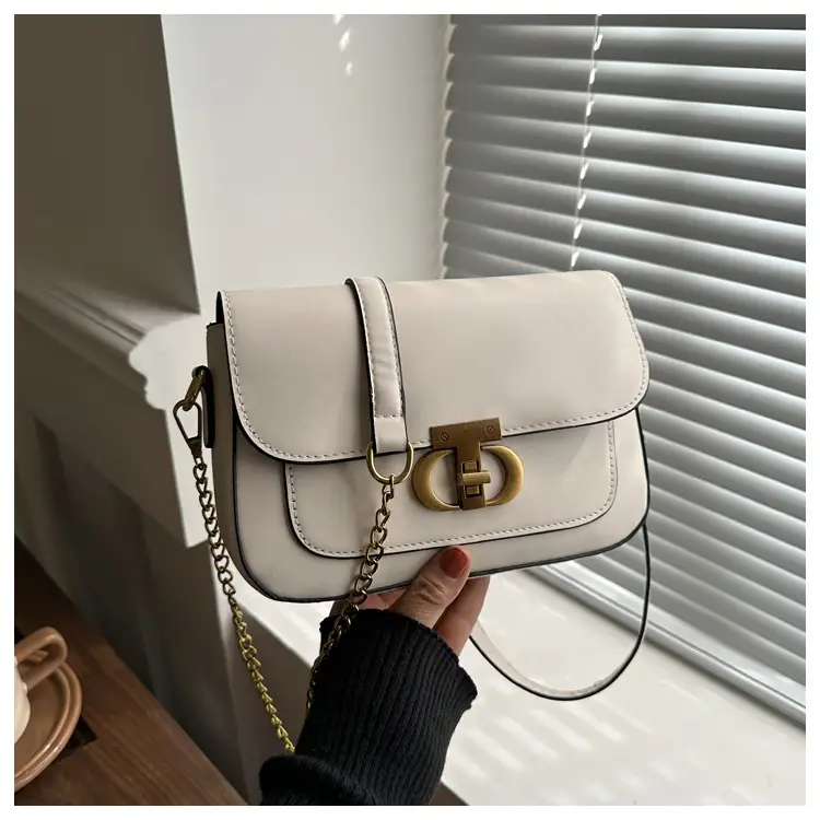 Retro Style Women's Shoulder Bag Beige Gold Clasp - Image 5
