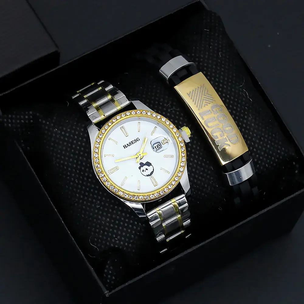 Women's Gold Quartz Watch with Diamond Band - Image 2