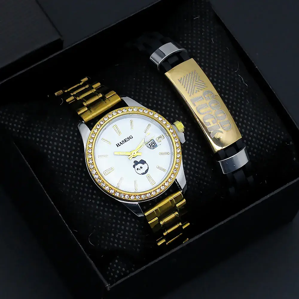 Women's Gold Quartz Watch with Diamond Band - Image 3