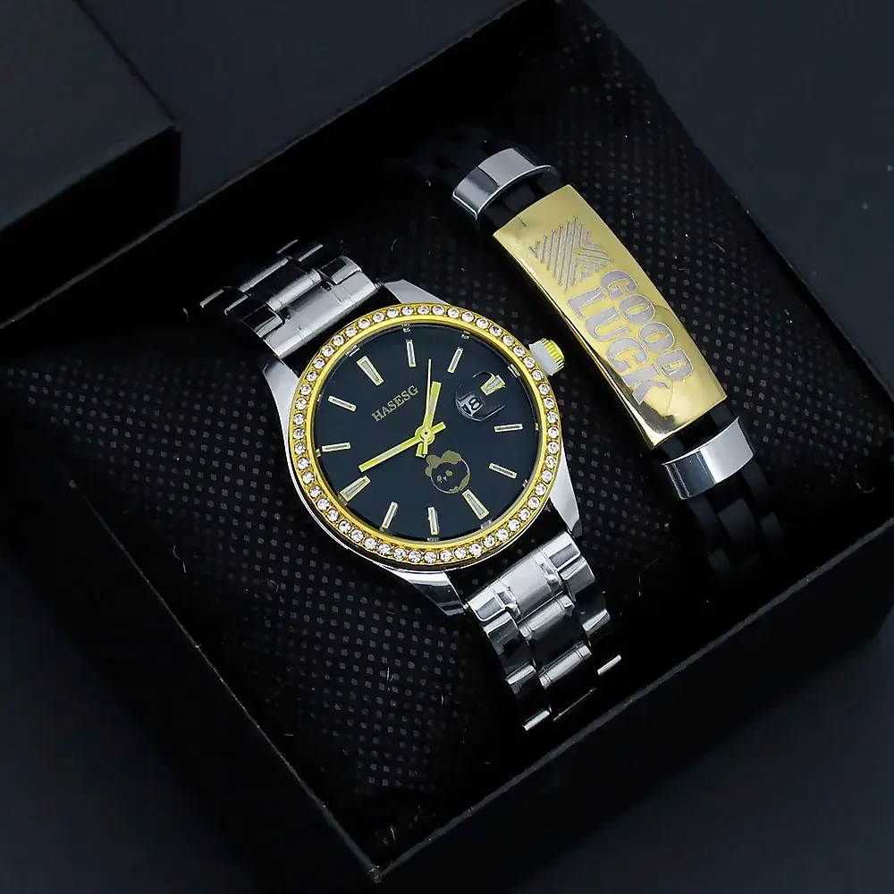 Women's Gold Quartz Watch with Diamond Band - Image 4