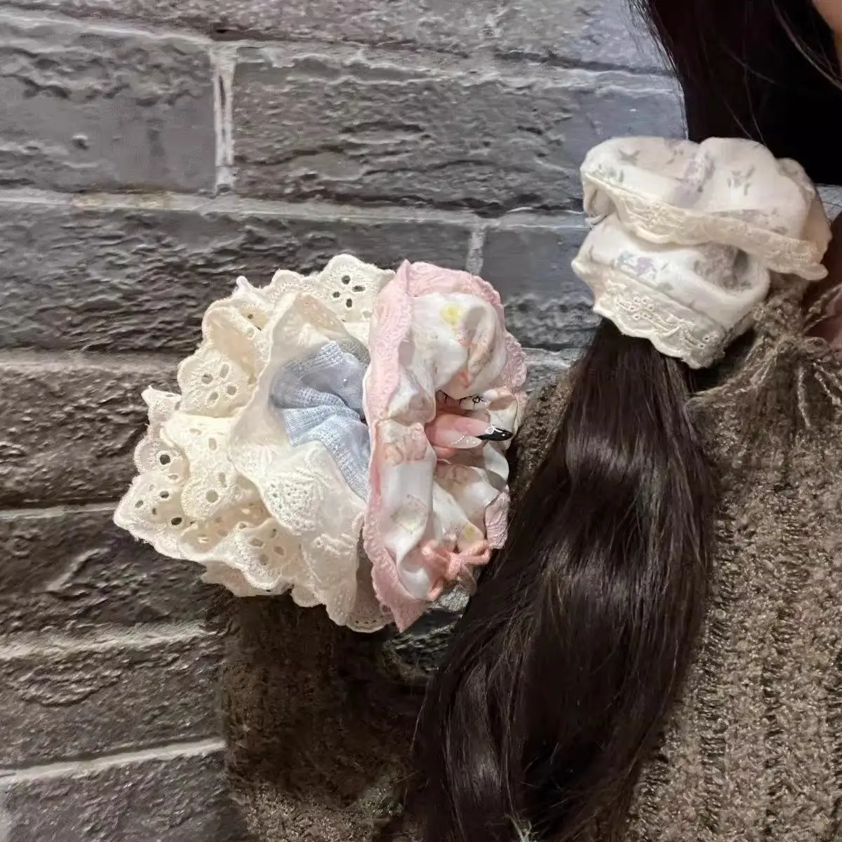 New Ballet Style Milk Blue Plaid Rhinestone Lace Hair Ring Set - Image 8