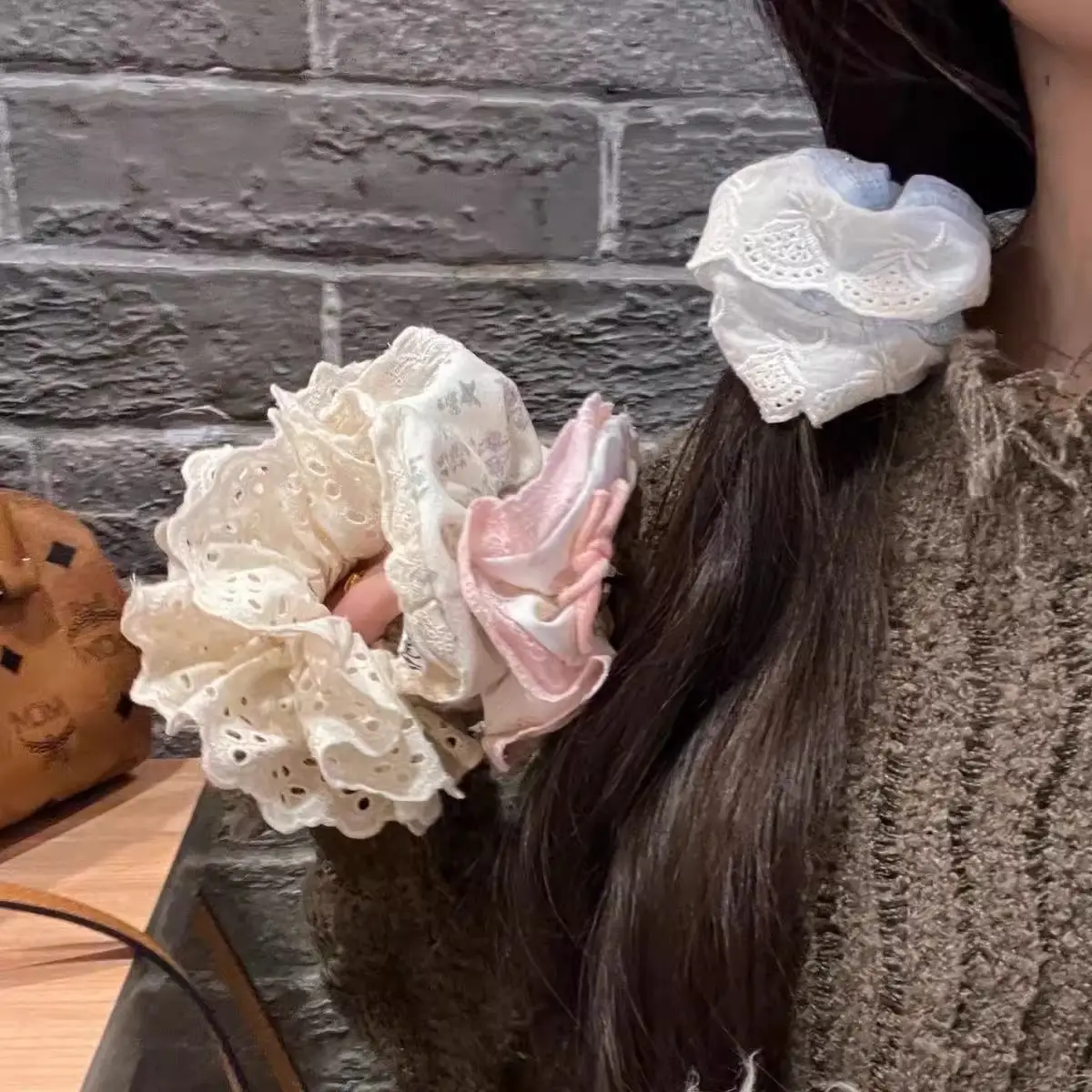 New Ballet Style Milk Blue Plaid Rhinestone Lace Hair Ring Set — feature 1