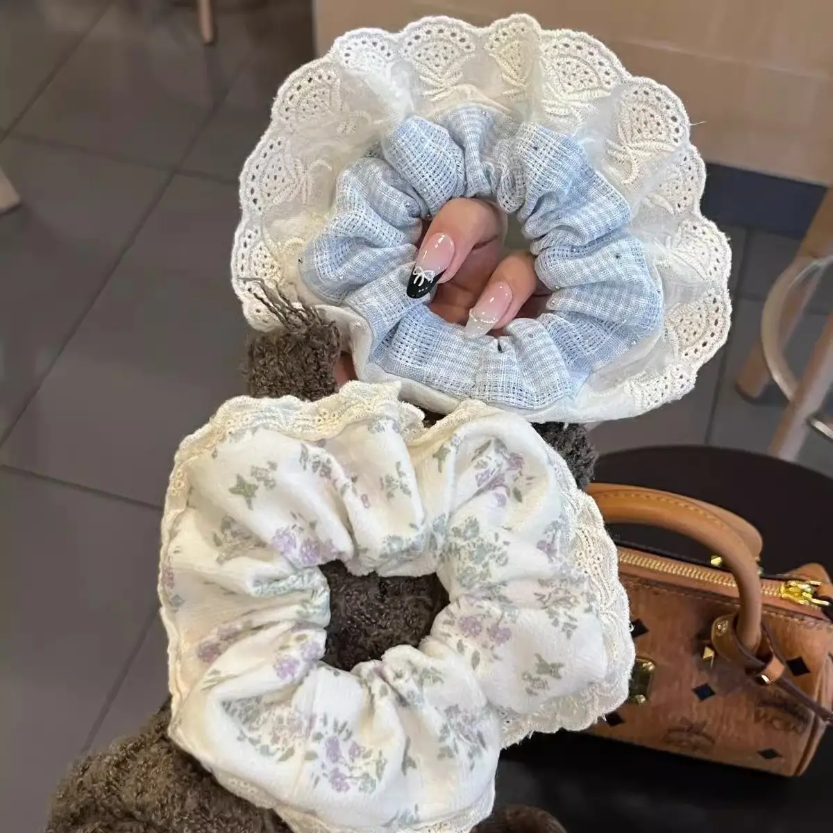 New Ballet Style Milk Blue Plaid Rhinestone Lace Hair Ring Set — feature 5
