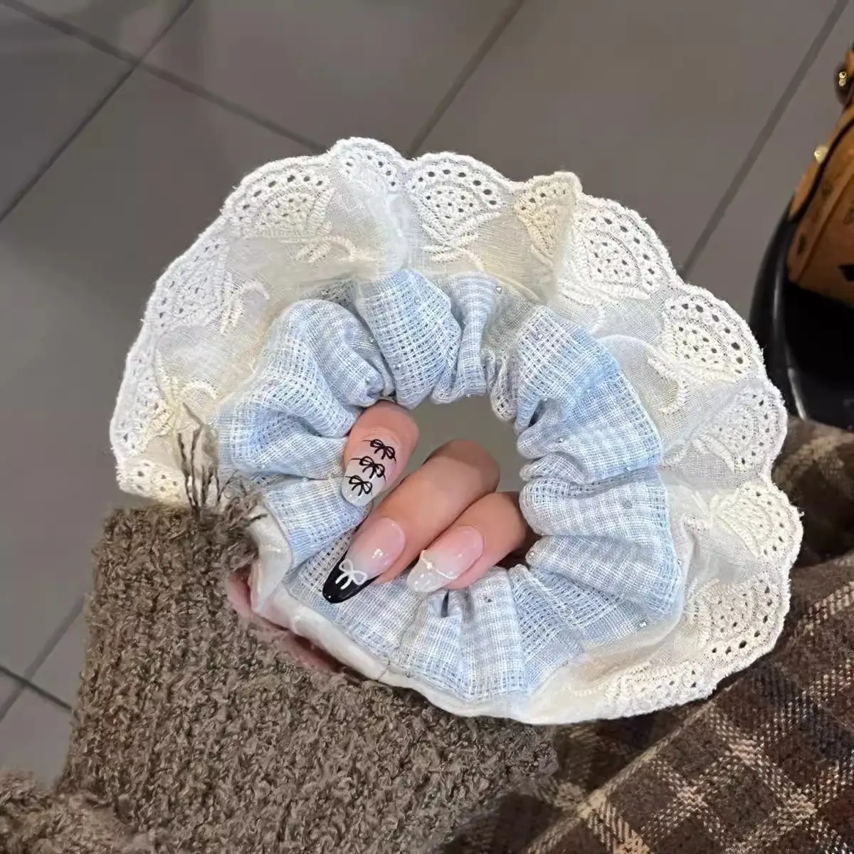 New Ballet Style Milk Blue Plaid Rhinestone Lace Hair Ring Set — feature 7