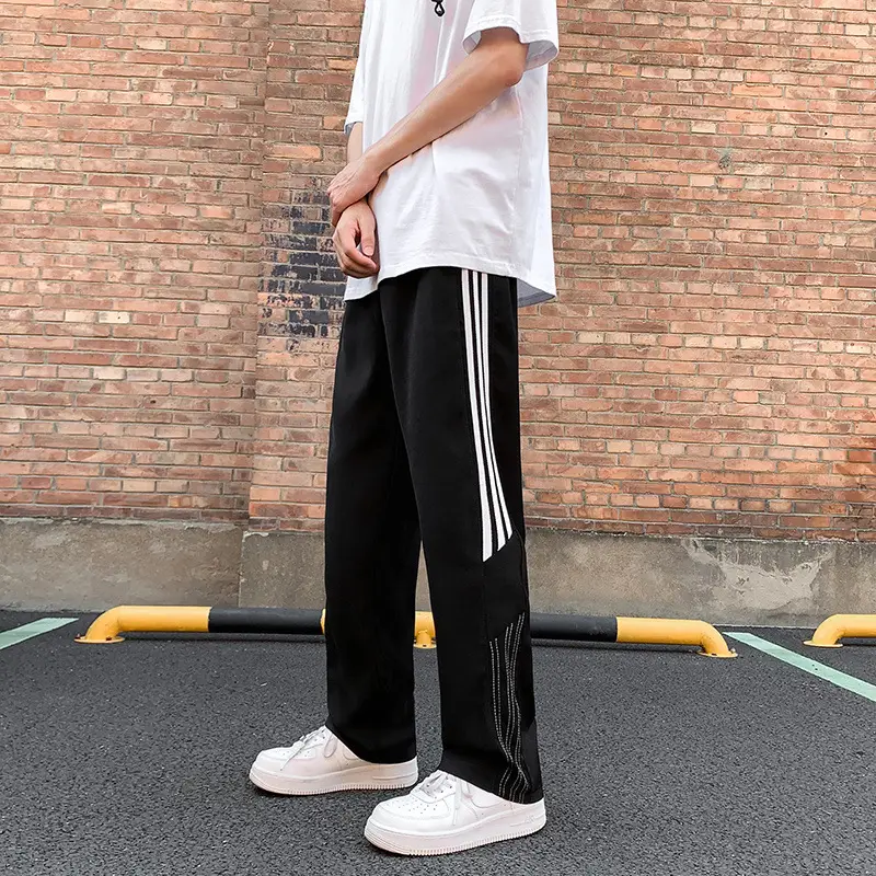 Men White Striped Loose Waist Sports Pants Summer