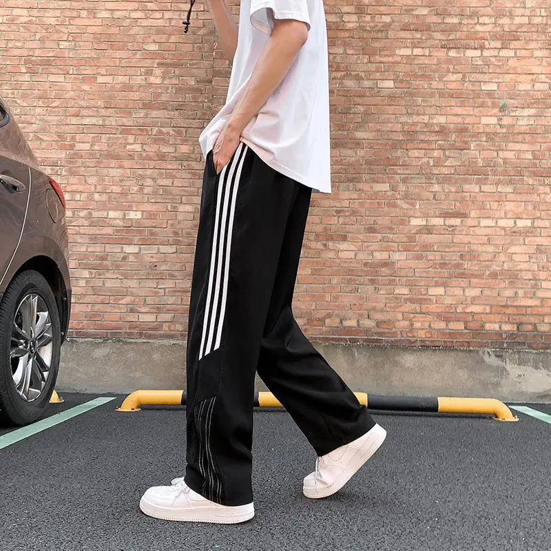 Men White Striped Loose Waist Sports Pants Summer