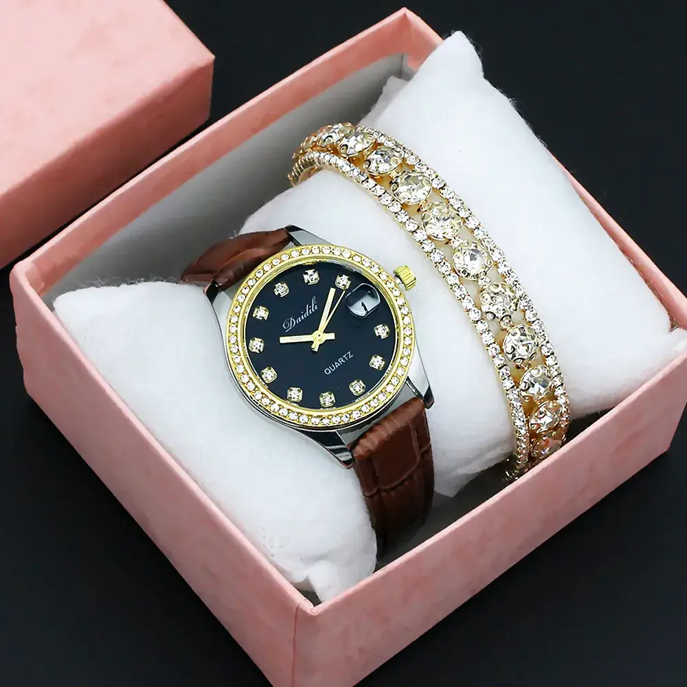 Women's 12 Diamond Watch with Gold Bracelet Set - Image 2