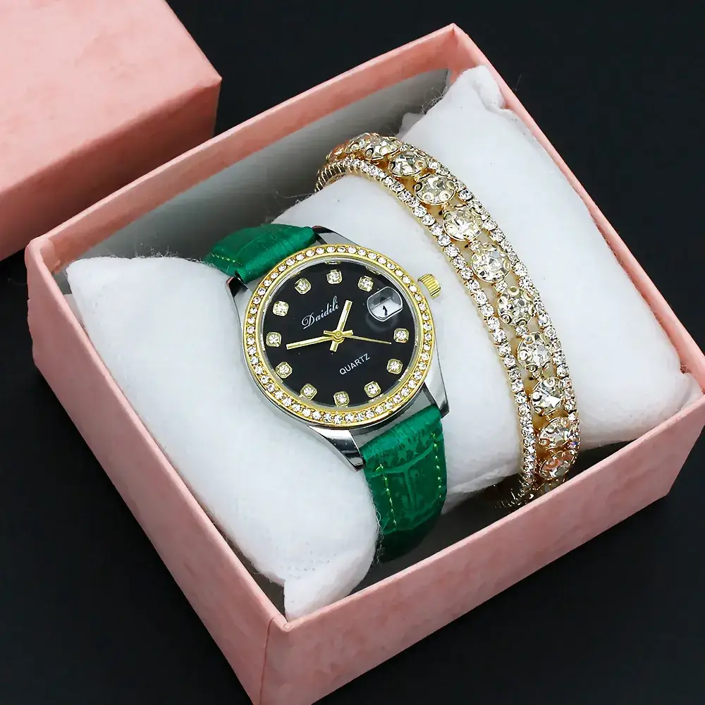 Women's 12 Diamond Watch with Gold Bracelet Set - Image 3