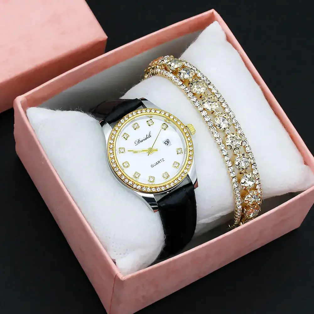 Women's 12 Diamond Watch with Gold Bracelet Set - Image 7