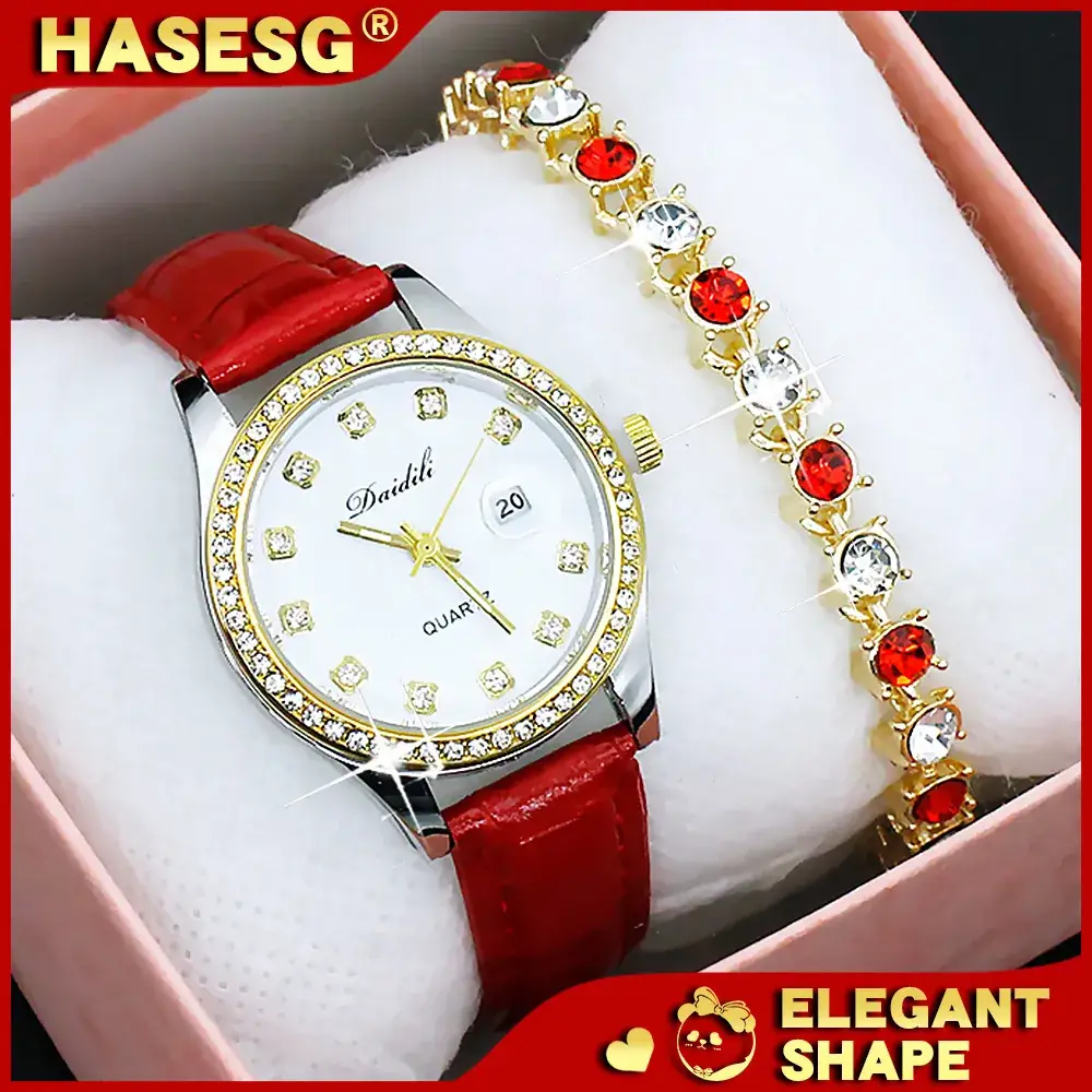 Women's Gold Diamond Watch Set White Strap Bracele - Image 29
