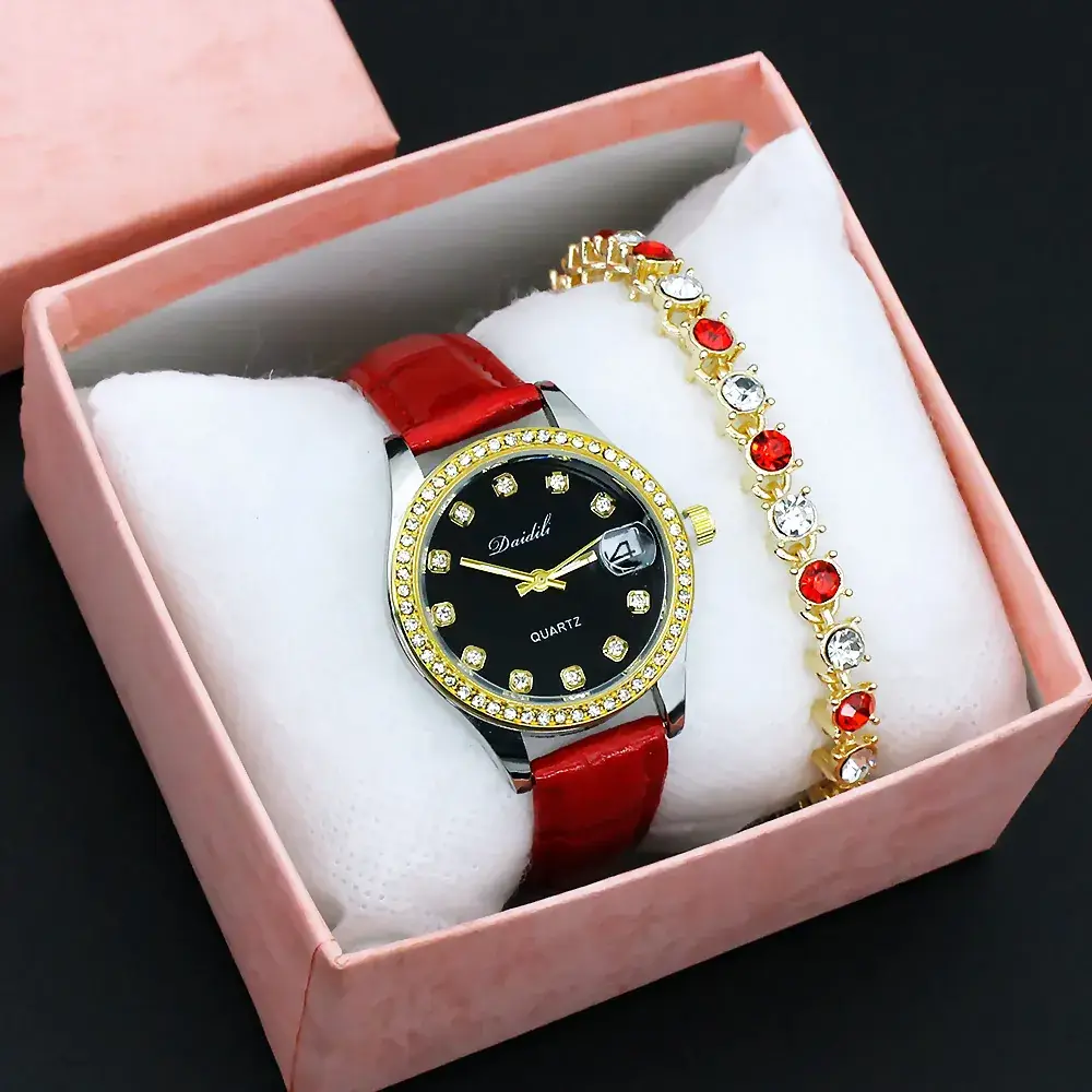 Women's Gold Diamond Watch Set White Strap Bracele - Image 4