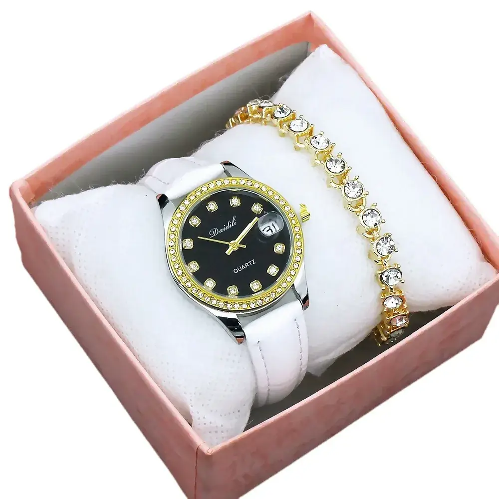 Women's Gold Diamond Watch Set White Strap Bracele - Image 30