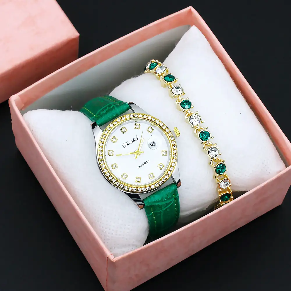 Women's Gold Diamond Watch Set White Strap Bracele — feature 10