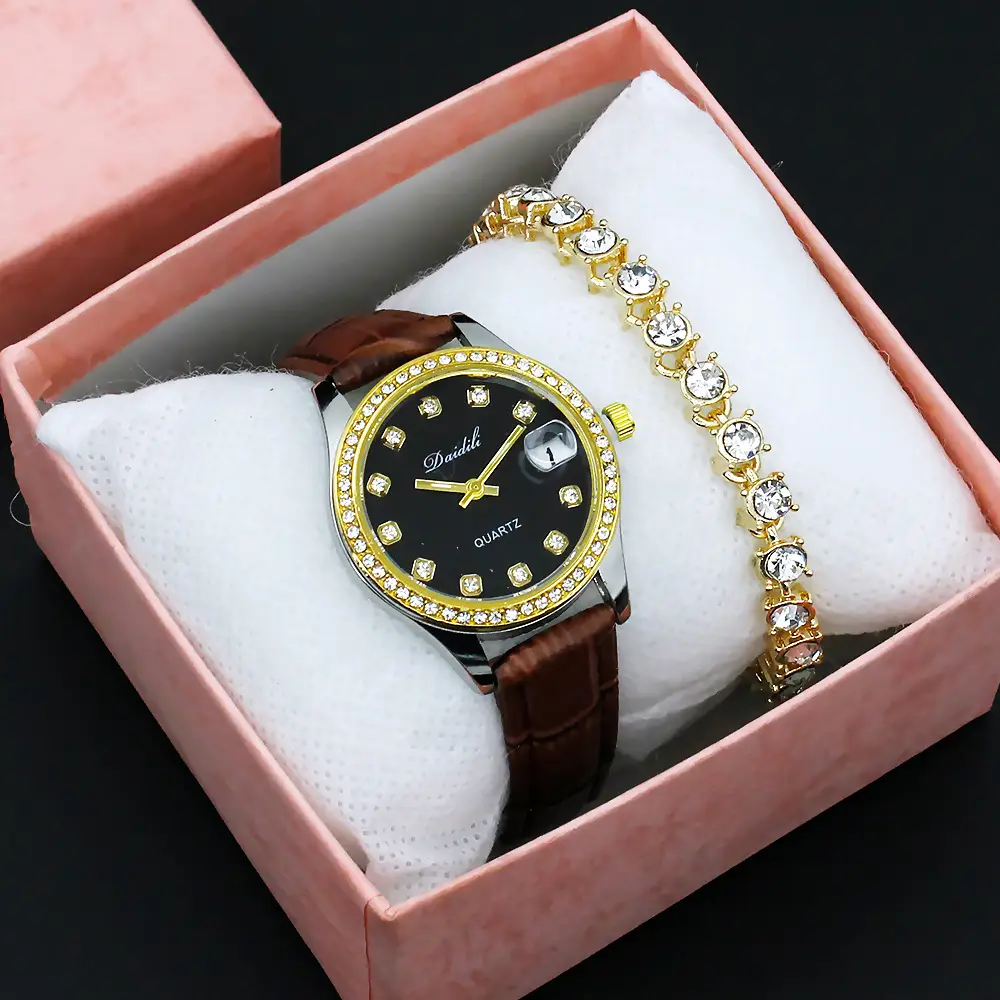 Women's Gold Diamond Watch Set White Strap Bracele — feature 11
