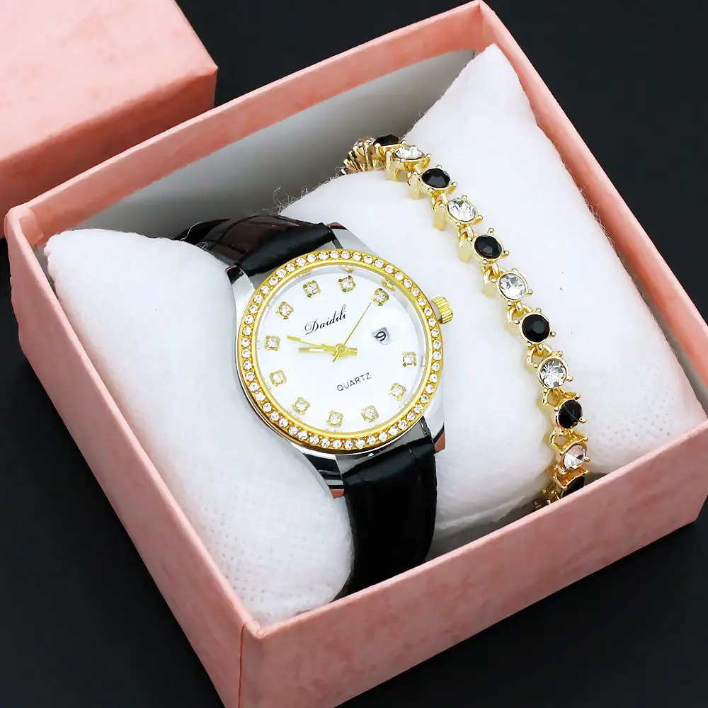 Women's Gold Diamond Watch Set White Strap Bracele — feature 12