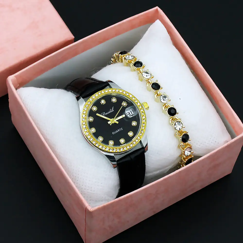 Women's Gold Diamond Watch Set White Strap Bracele — feature 14