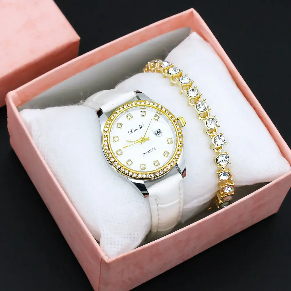 Women's Gold Diamond Watch Set White Strap Bracele — feature 3