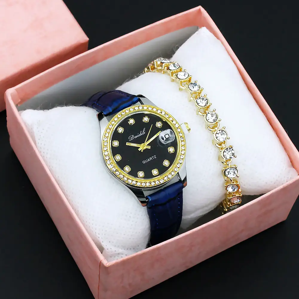 Women's Gold Diamond Watch Set White Strap Bracele — feature 5