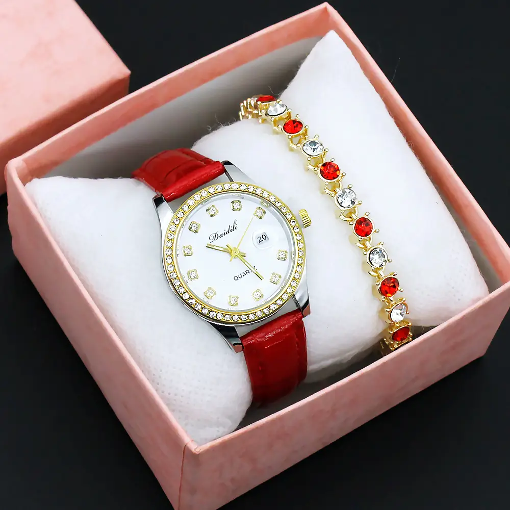 Women's Gold Diamond Watch Set White Strap Bracele — feature 6