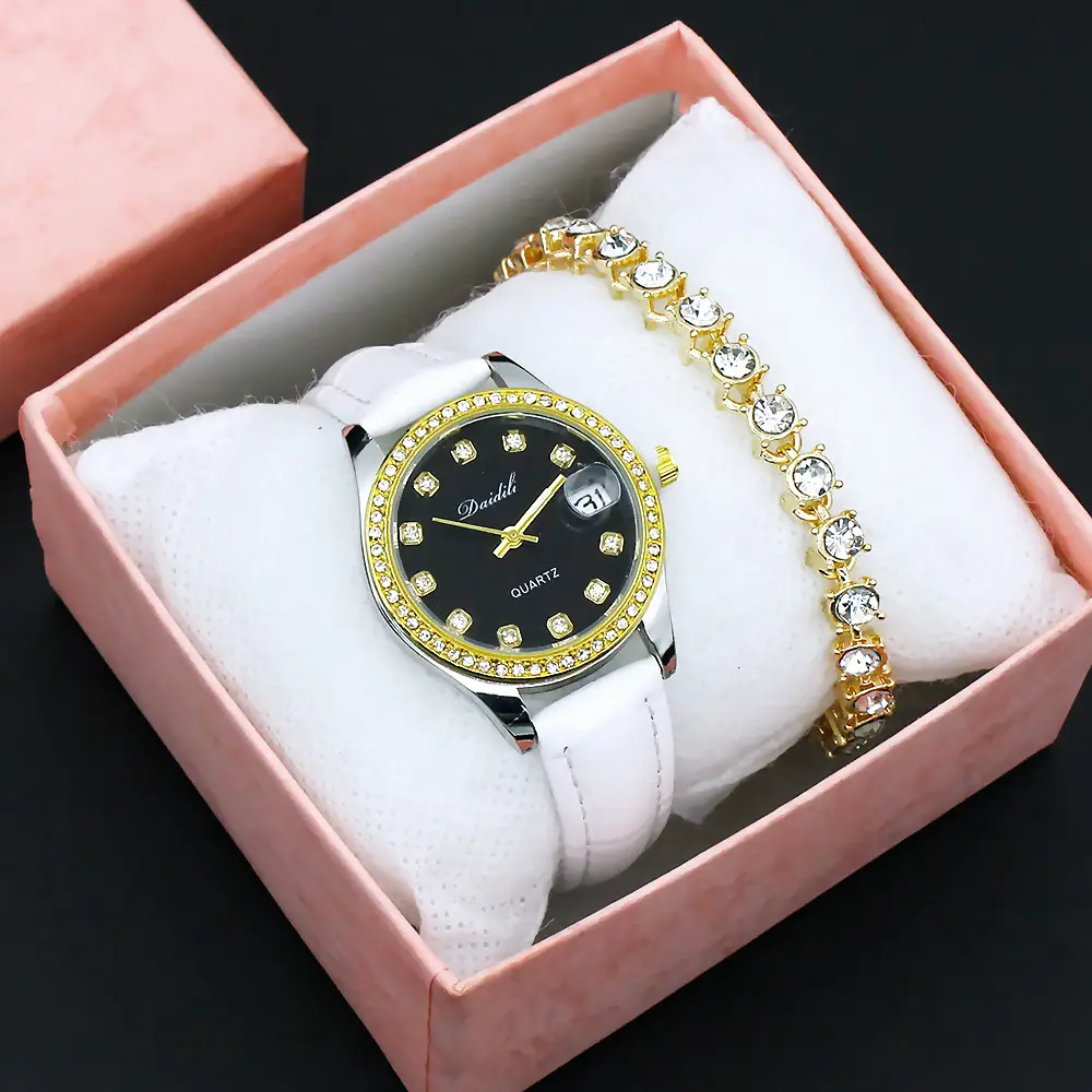 Women's Gold Diamond Watch Set White Strap Bracele — feature 7
