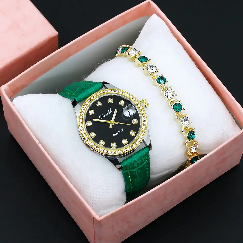 Women's Gold Diamond Watch Set White Strap Bracele — feature 8