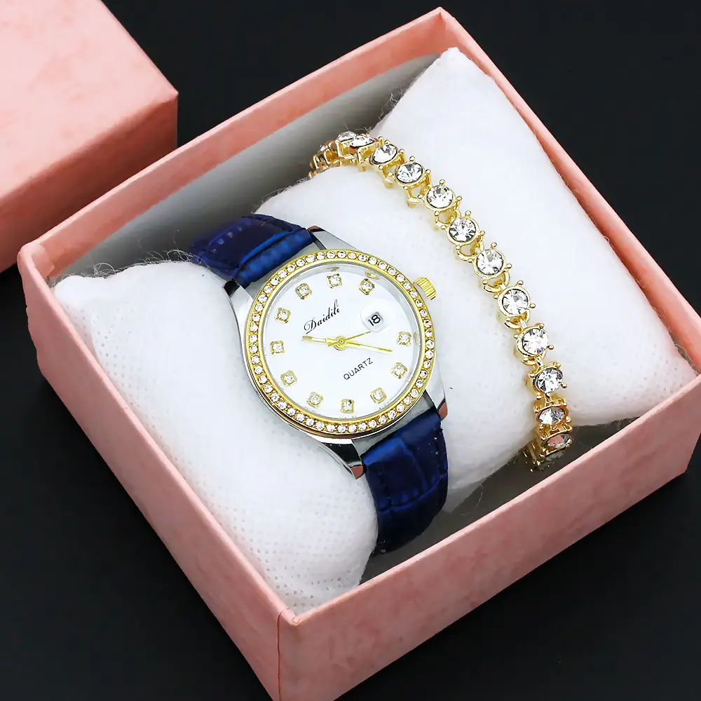 Women's Gold Diamond Watch Set White Strap Bracele — feature 9