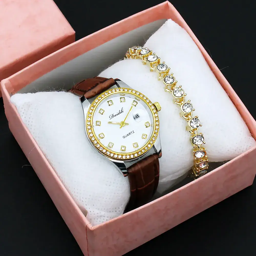 Women's Gold Diamond Watch Set White Strap Bracele - Image 8