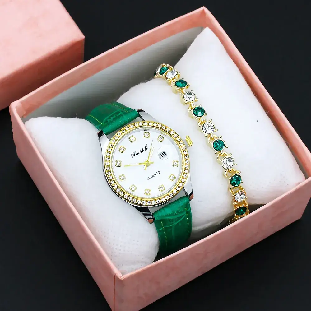 Women's Gold Diamond Watch Set White Strap Bracele - Image 9