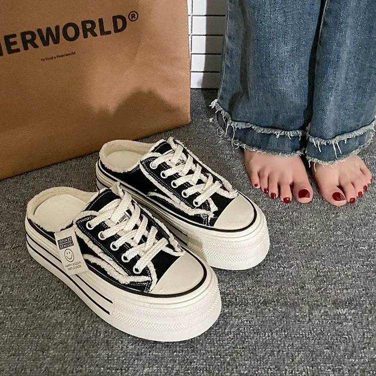 Women's Black Canvas Slip-On Mules White Sole - Image 6