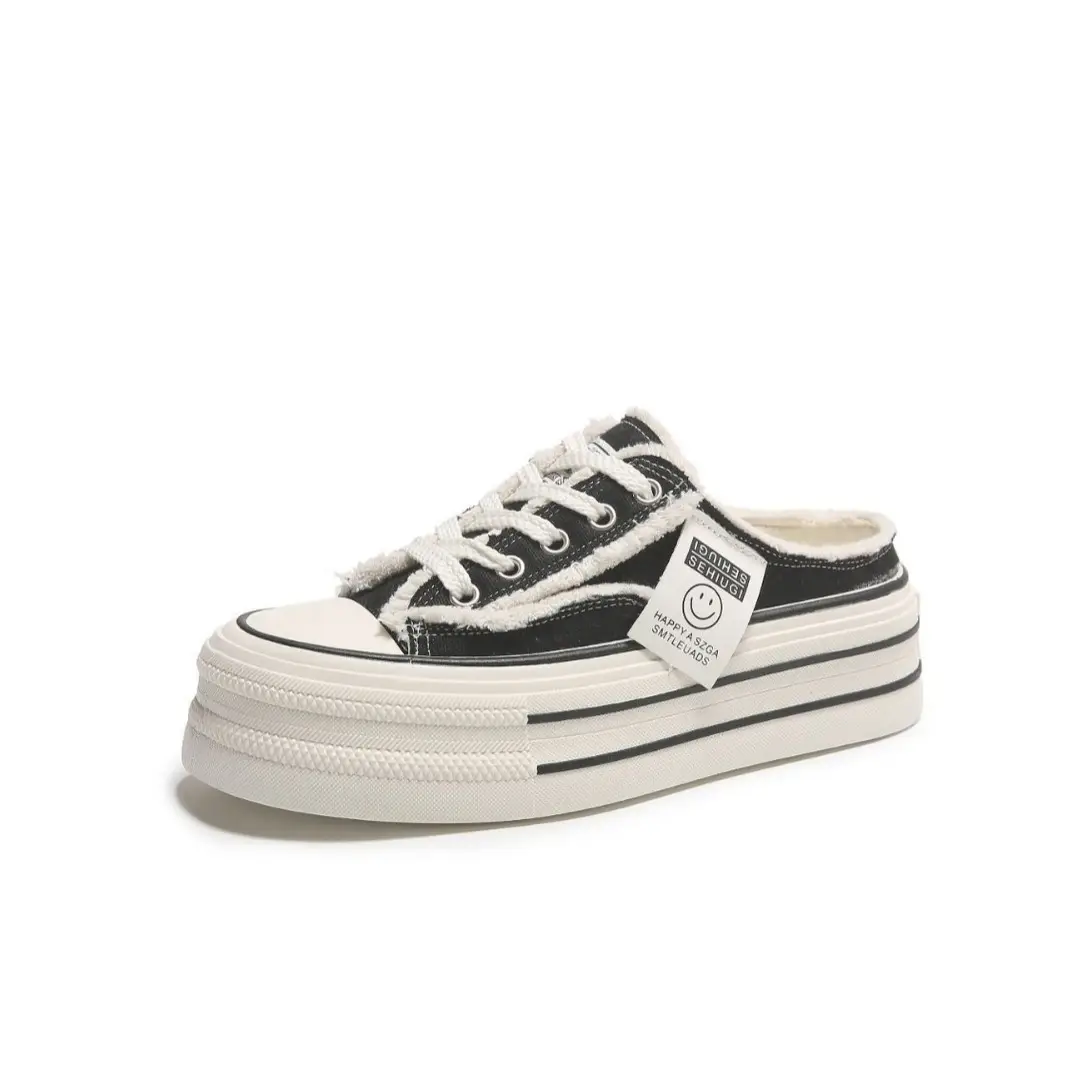 Women's Black Canvas Slip-On Mules White Sole - Image 7