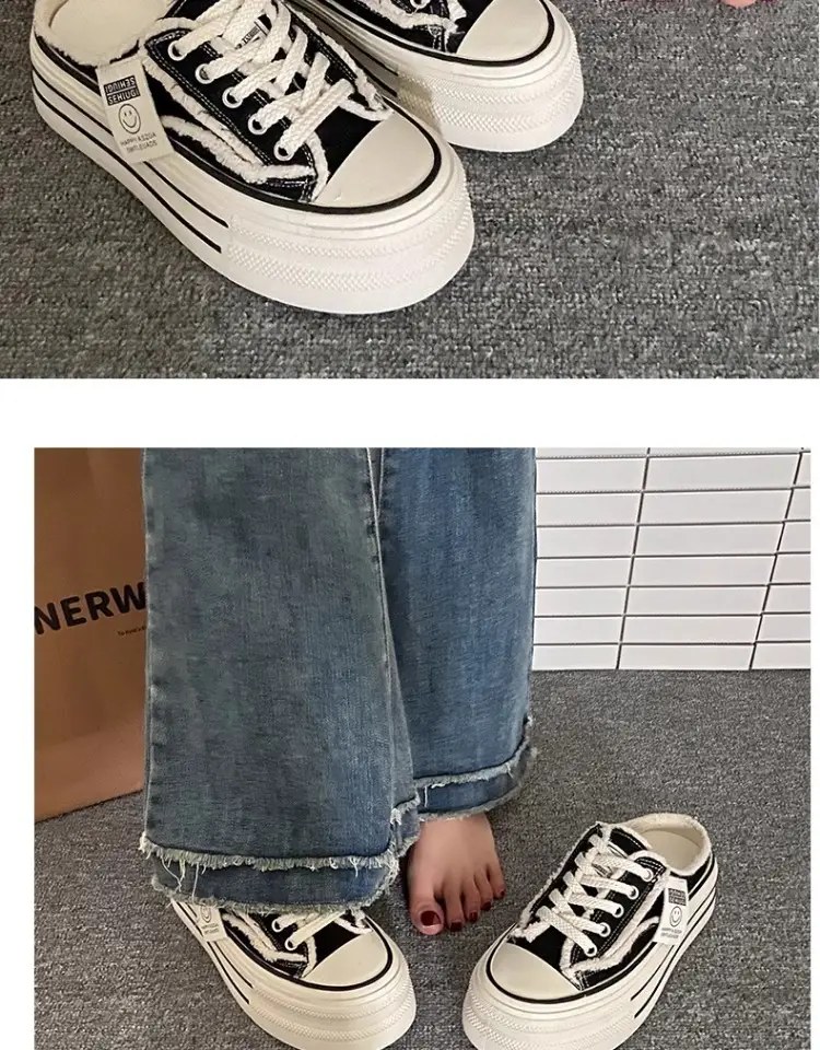 Women's Black Canvas Slip-On Mules White Sole — feature 15
