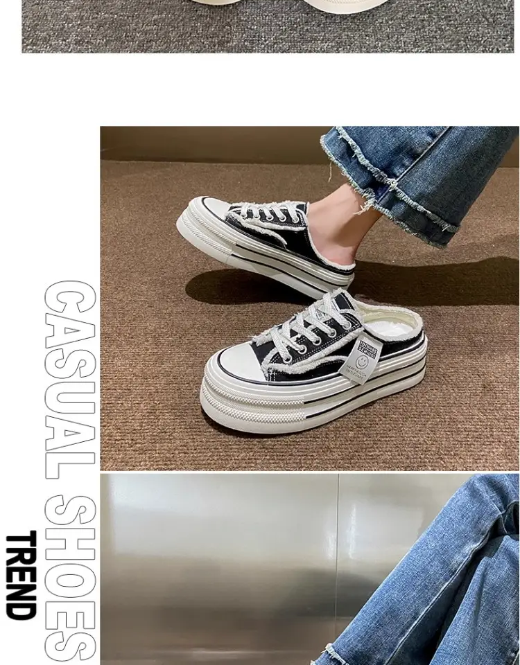 Women's Black Canvas Slip-On Mules White Sole — feature 16