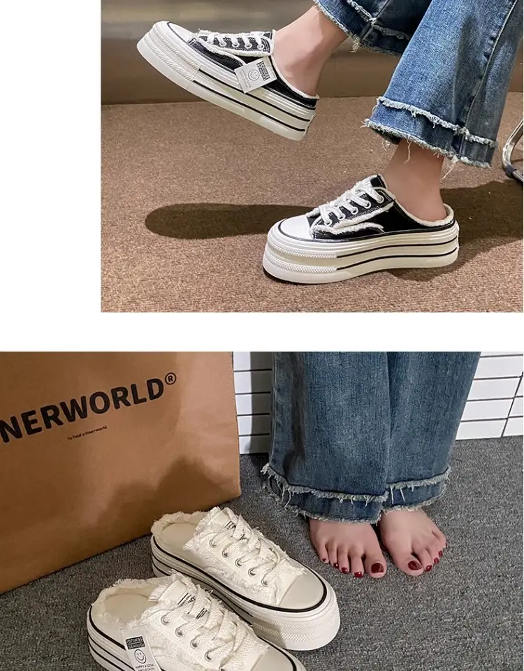 Women's Black Canvas Slip-On Mules White Sole — feature 17