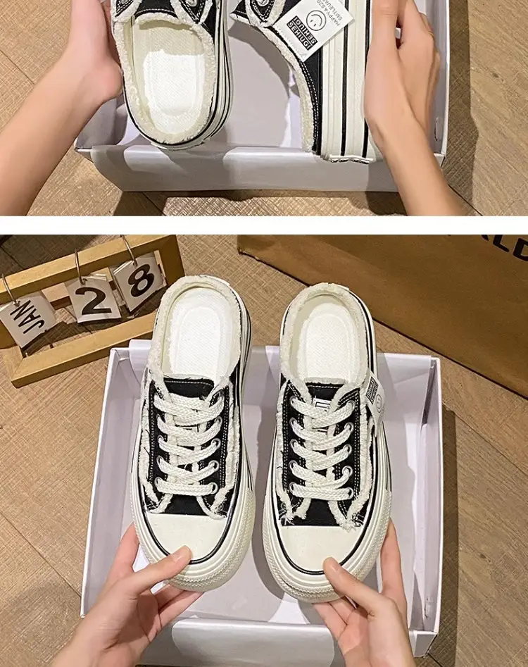 Women's Black Canvas Slip-On Mules White Sole — feature 23