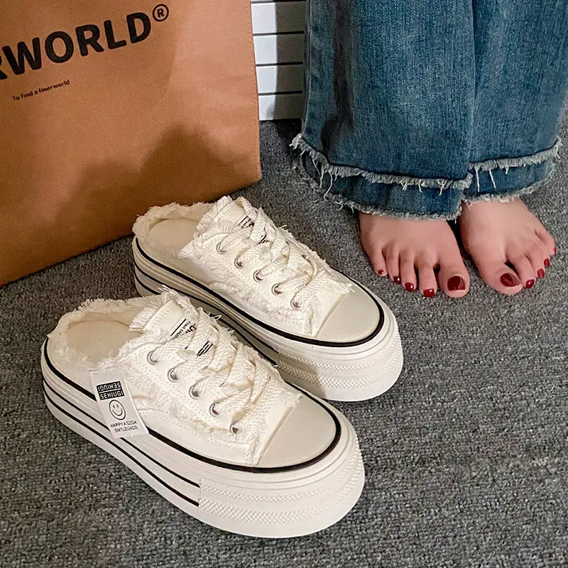 Women's Black Canvas Slip-On Mules White Sole - Image 2