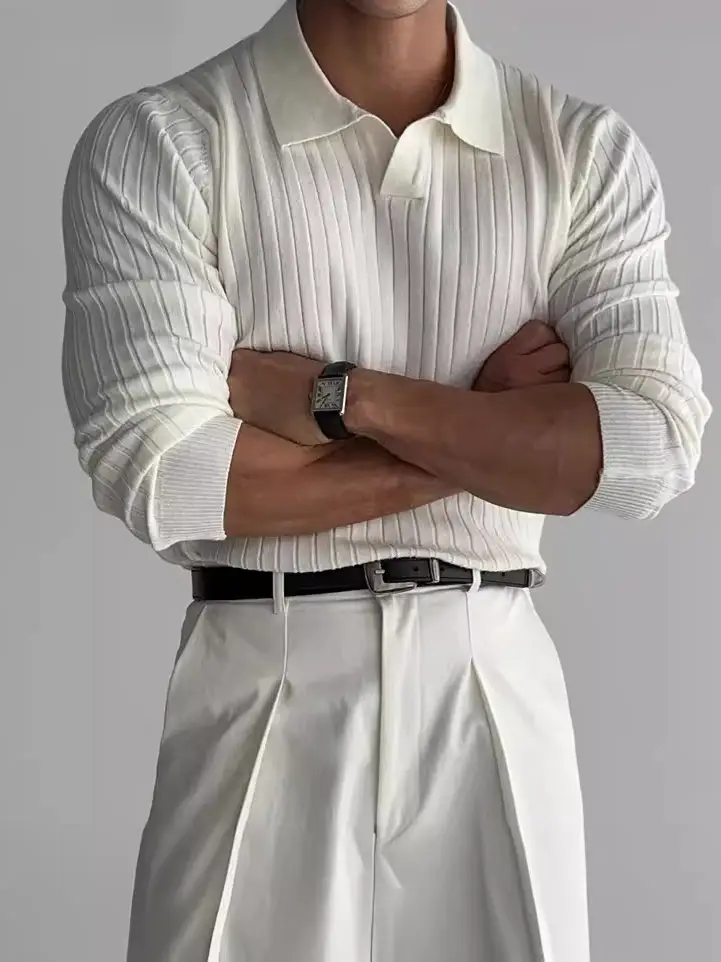 Men's White Knit Slim Fit Pullover Spring Autumn - Image 5
