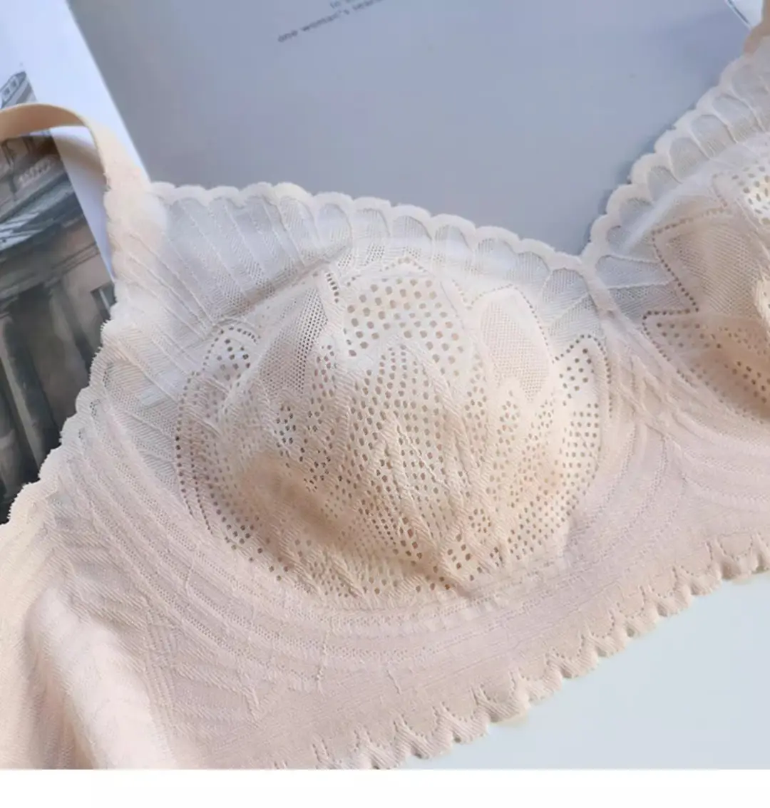 Summer lightweight seamless breathable underwear big chest small comfortable push up breast collection without steel ring lace latex bra — feature 17