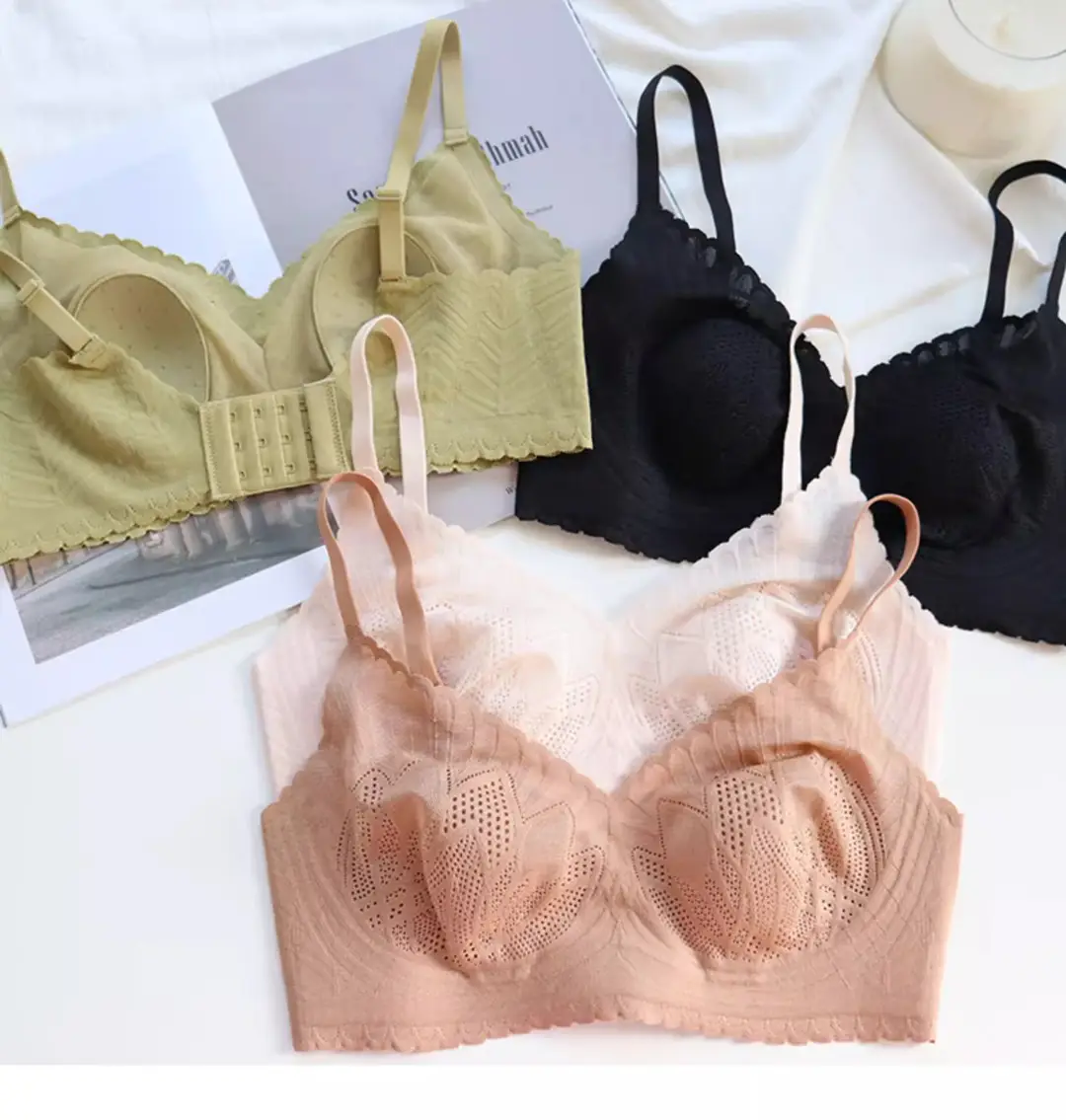Summer lightweight seamless breathable underwear big chest small comfortable push up breast collection without steel ring lace latex bra — feature 26