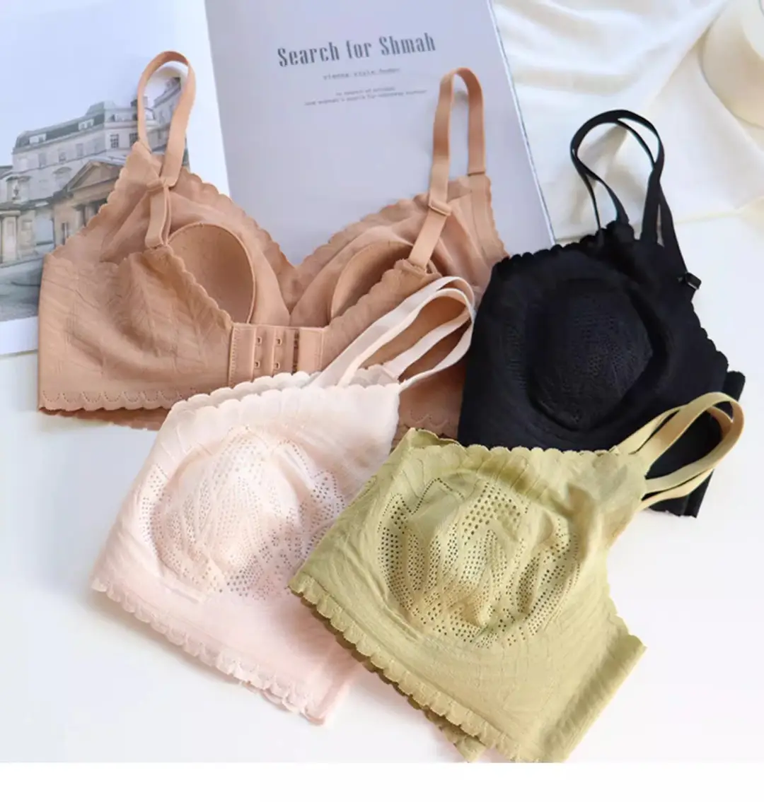 Summer lightweight seamless breathable underwear big chest small comfortable push up breast collection without steel ring lace latex bra — feature 27