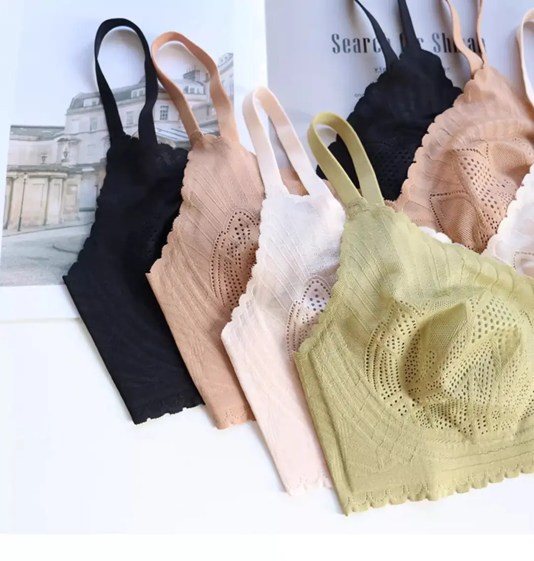 Summer lightweight seamless breathable underwear big chest small comfortable push up breast collection without steel ring lace latex bra — feature 28