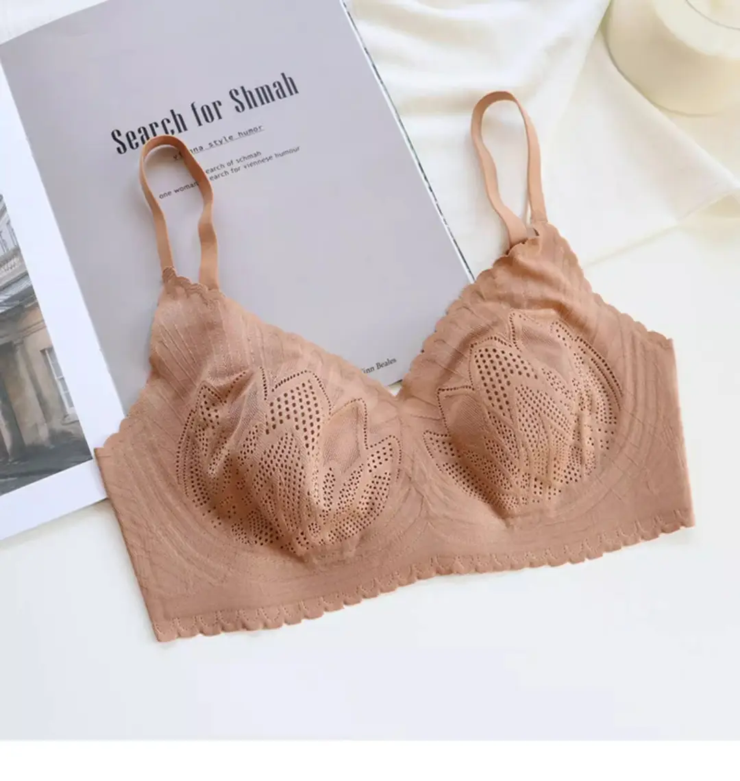 Summer lightweight seamless breathable underwear big chest small comfortable push up breast collection without steel ring lace latex bra — feature 33